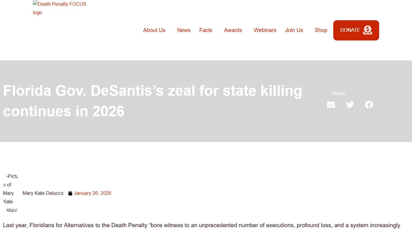 Florida Gov. DeSantis's zeal for state killing continues in 2026 - Death Penalty FOCUS